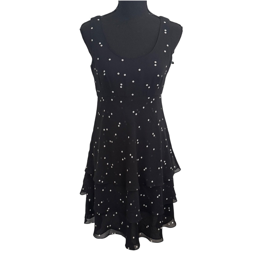 Vintage Kay Unger Womens Black Polka Dot Tiered Midi 4 Dress 90's Minimalist